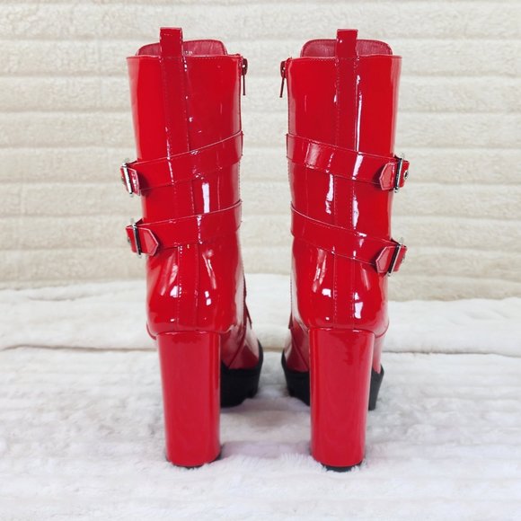 Bright Red Patent Lug Sole Studded Strap Ankle Boots Temptress - Picture 7 of 11
